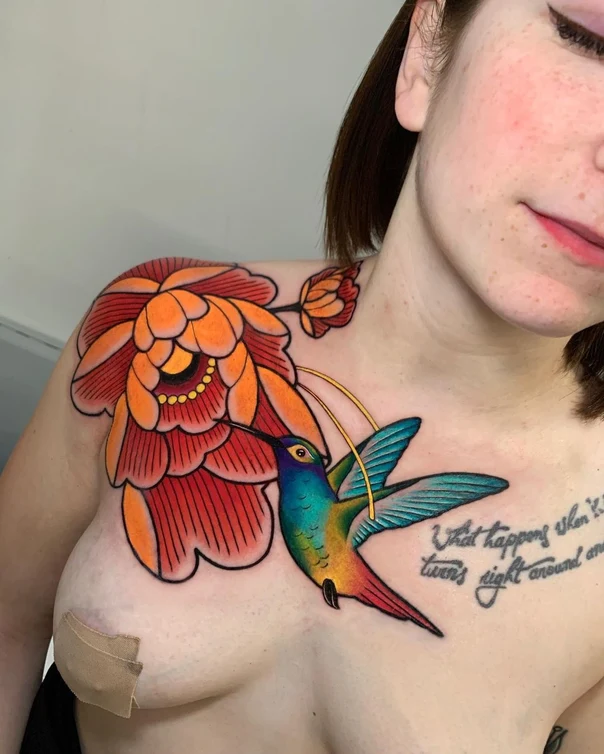 Neo Traditional Hummingbird, Flower tattoo on Chest