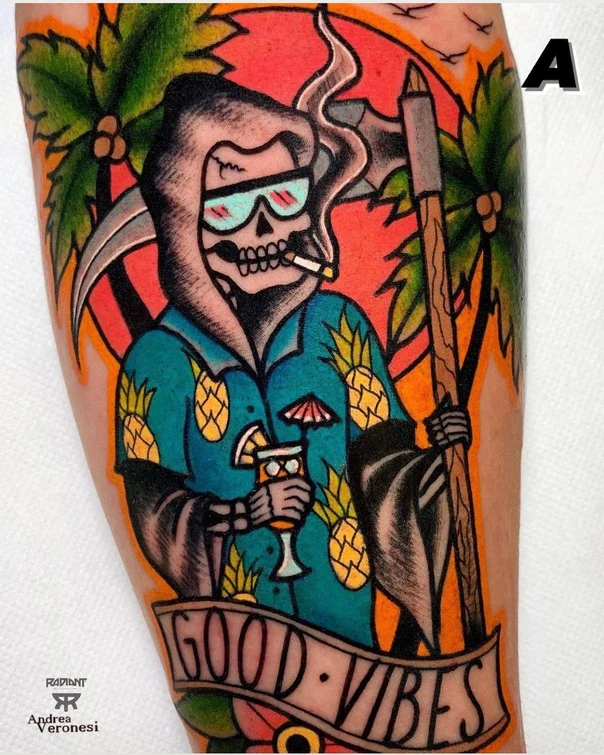 Old School Grim reaper, Pineapple tattoo on Forearm