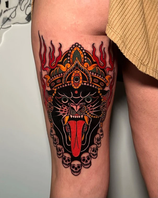Neo Traditional Panther, Skulls tattoo on Thigh