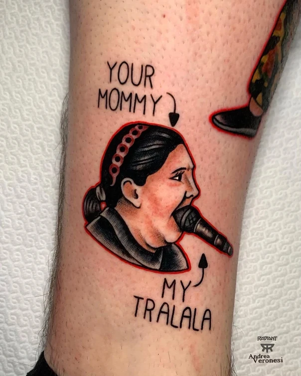 Old School Portrait, Microphone tattoo on Calf