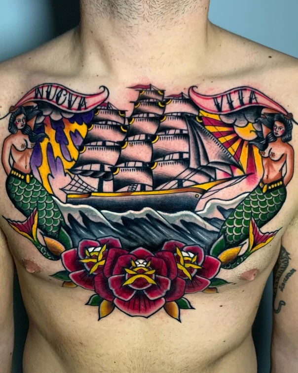 Traditional Ship, Mermaid tattoo on Chest