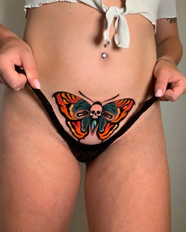 Neo Traditional Butterfly, Skull tattoo on Stomach