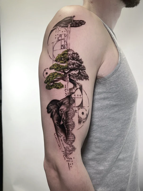 Геометрия Elephant, Tree tattoo на Плечо