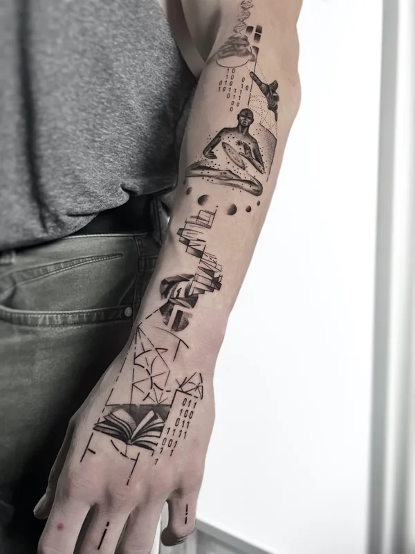 black and grey geometric 纹身 在 forearm #59809 | 纹身师 Марк Друщенко
