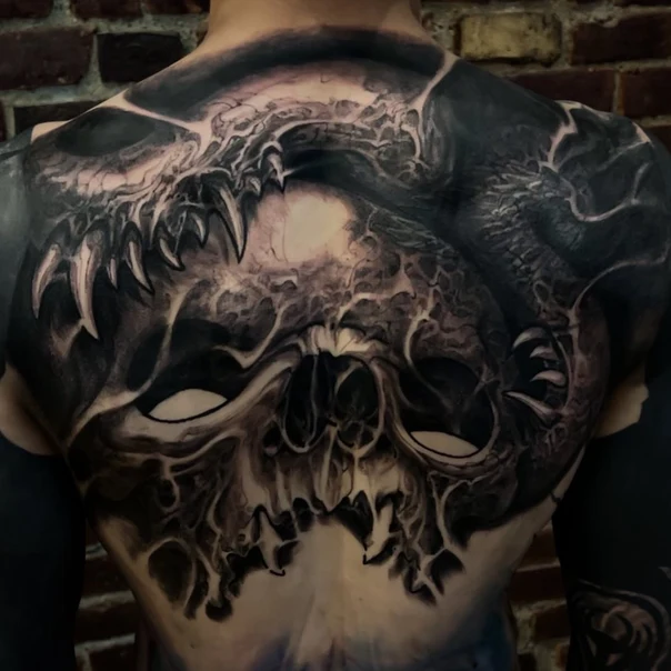 Black & Grey Skull, Monster tattoo on Full Back