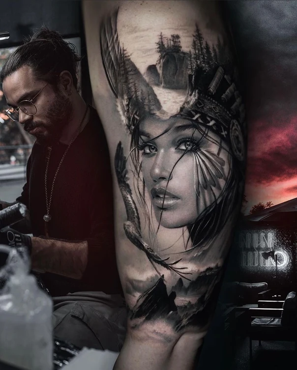 Realism Native american, Portrait tattoo on Forearm