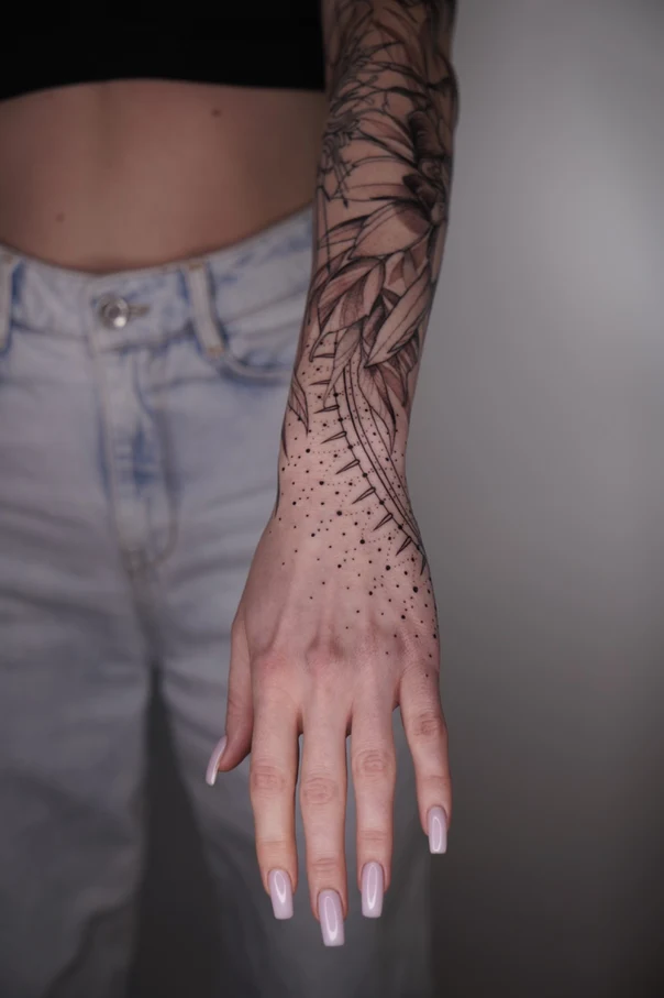 Linework Leaves, Dots tattoo on Forearm