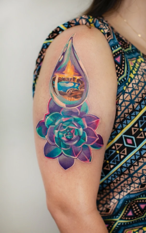Watercolor Succulent, Landscape tattoo on Upper Arm