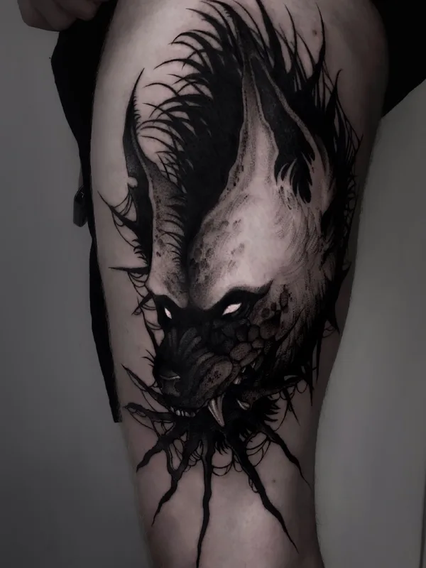 black and grey blackwork tattoo on thigh #74319 | Tattoo Artist METH FAWN