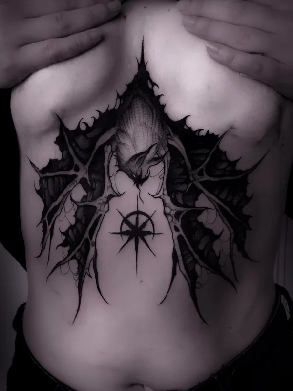 female black and grey blackwork tattoo on sternum #74321 | Tattoo Artist METH FAWN