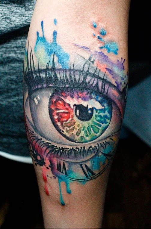 Watercolor Eye, Clock tattoo on Forearm