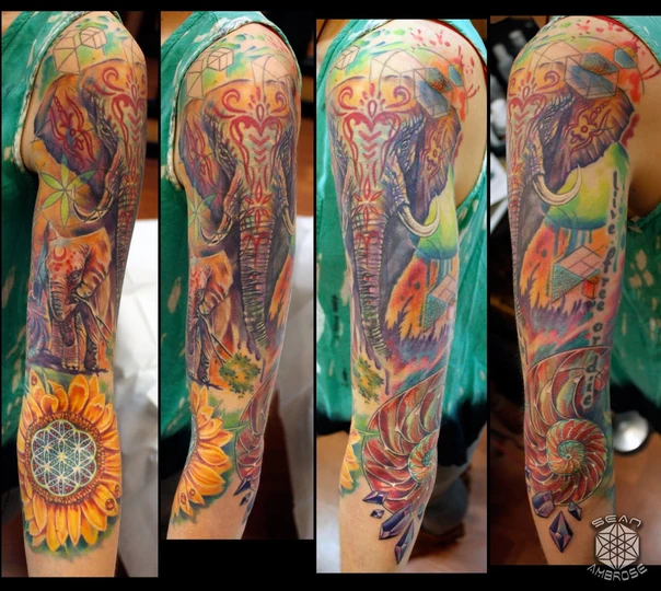 Illustrative Elephant, Sunflower tattoo on Full Sleeve