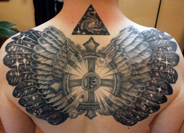 Black & Grey Wings, Cross tattoo on Upper Back