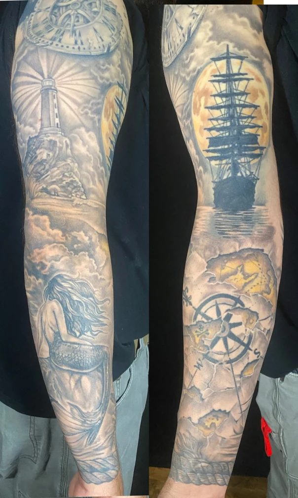Realism Lighthouse, Ship tattoo on Full Sleeve
