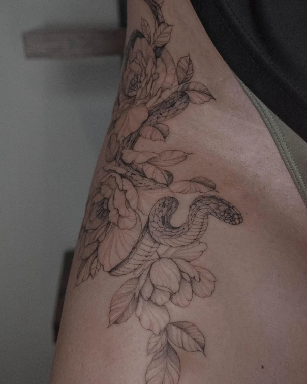 Fineline Snake, Peony tattoo on Upper Arm