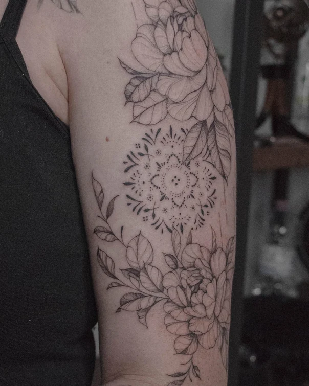 Illustrative Peonies, Leaves tattoo on Upper Arm