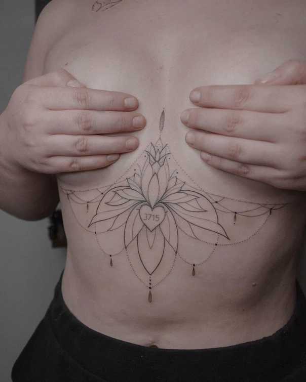 Ornamental Heart, Leaf tattoo on Chest