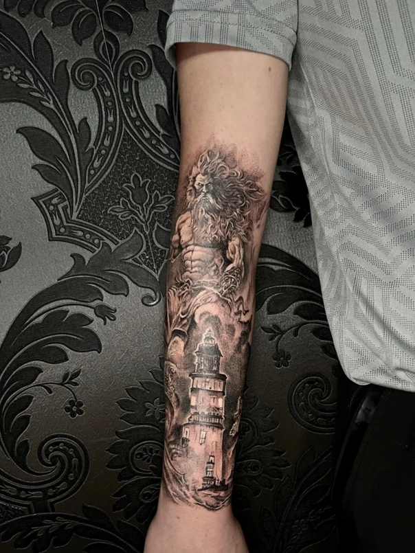 Traditional Muscular figure with long hair and beard, Lighthouse tattoo on Forearm