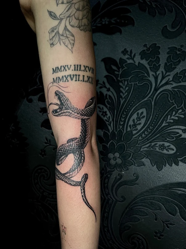 Graphic Snake, Roman numerals tattoo on Forearm