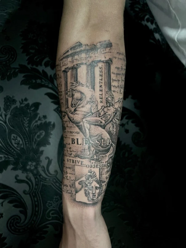 Illustrative Classical building with columns, Horse tattoo on Forearm