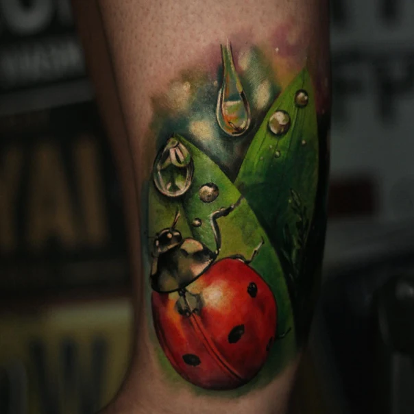 Watercolor Ladybug, Leaves tattoo on Calf