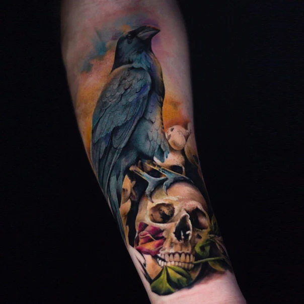 Realism Crow, Skull tattoo on Forearm
