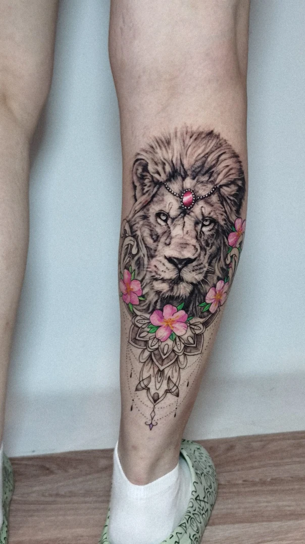 Realism Lion, Mandala tattoo on Calf