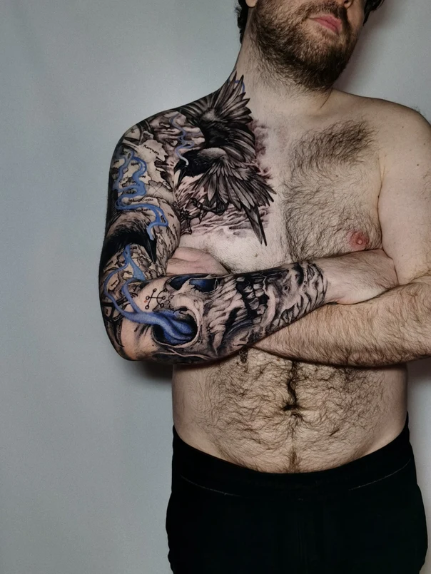 Black & Grey Raven, Skull tattoo on Full Sleeve