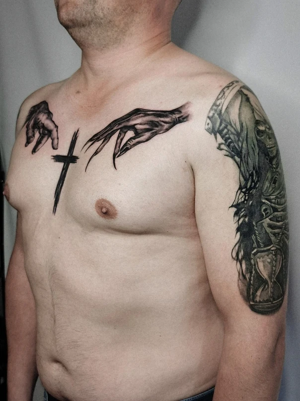 Black & Grey Hands, Cross tattoo on Chest