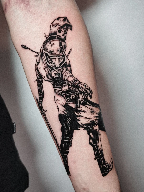 Blackwork Warrior, Skull tattoo on Forearm