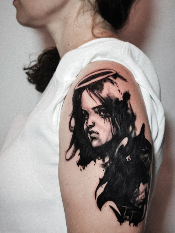 Black & Grey Portrait, Angel tattoo on Upper Arm