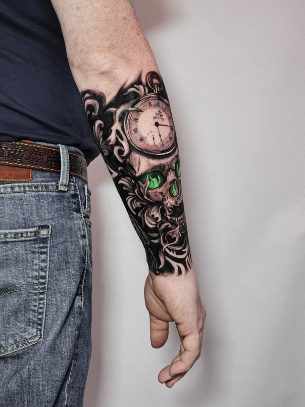 Black & Grey Skull, Clock tattoo on Forearm