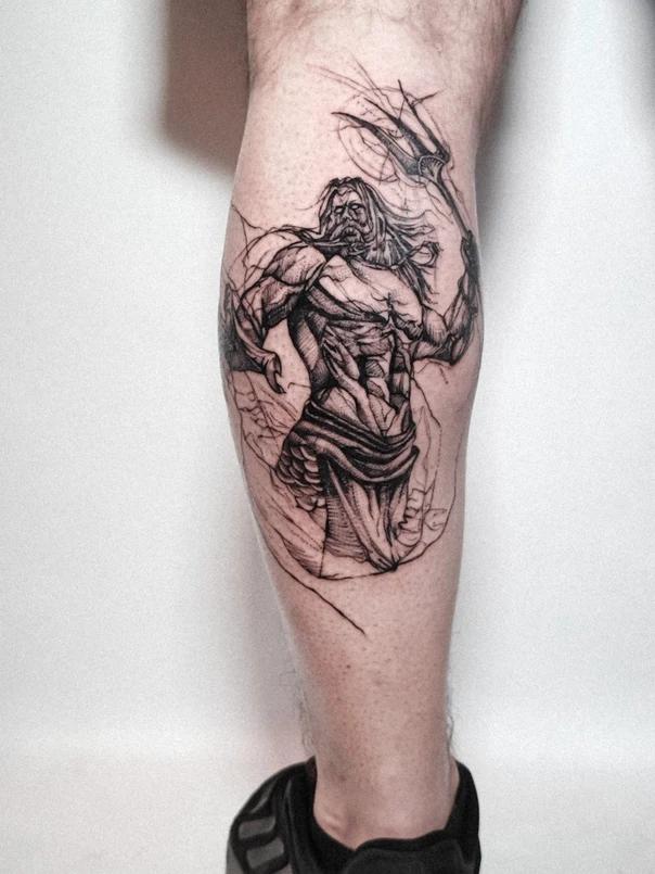 Sketch Mythological, Figure tattoo on Calf