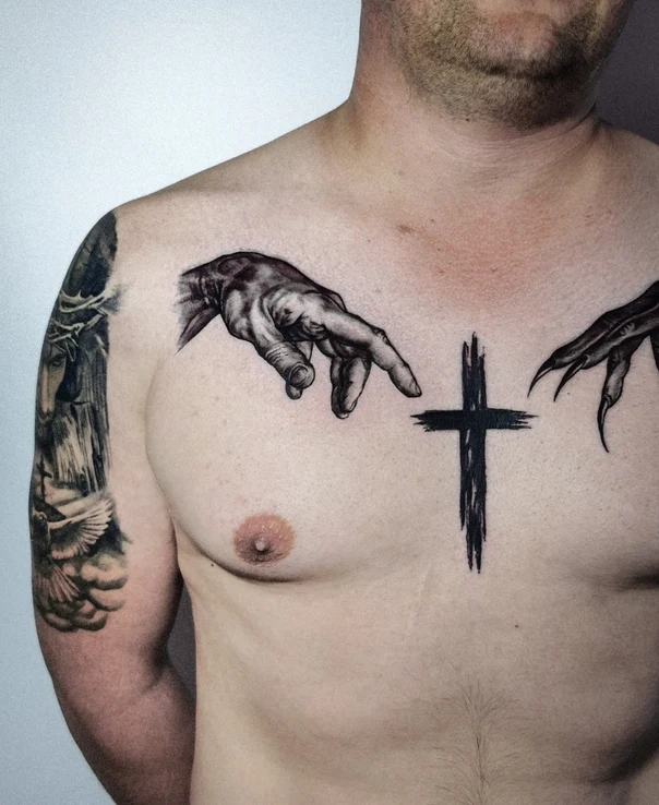 Black & Grey Hands, Cross tattoo on Chest