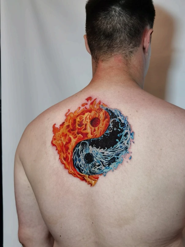 Realism Yin yang, Fire tattoo on Shoulder Blade