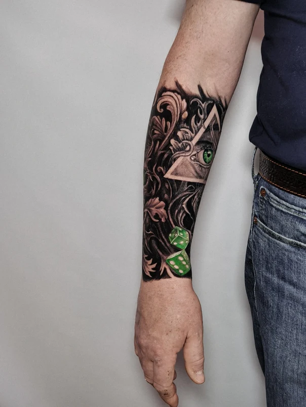 Black & Grey Eye, Dice tattoo on Forearm
