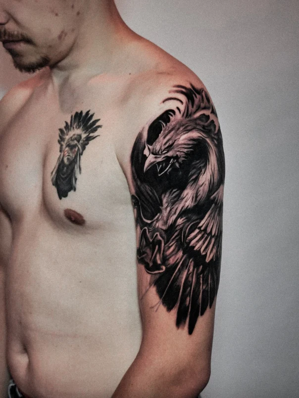Black & Grey Phoenix, Native american tattoo on Shoulder