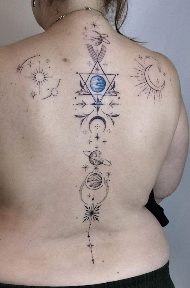 Geometric Stars, Planets tattoo on Upper Back