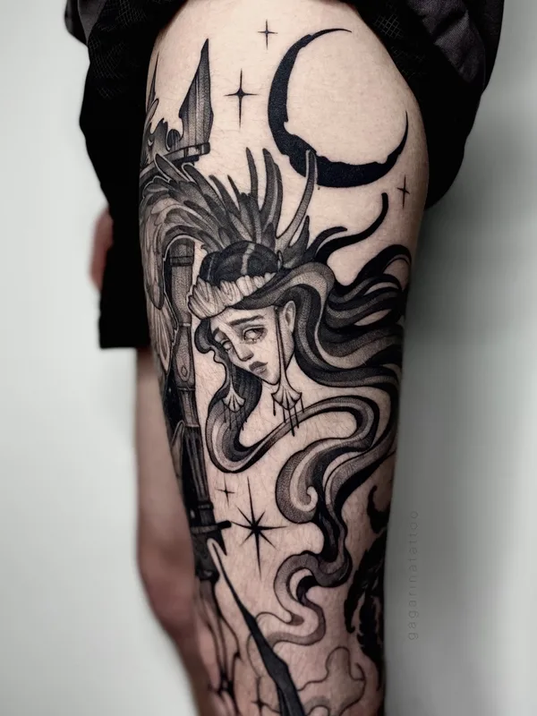 black and grey blackwork tatuaje en thigh #75070 | Tatuador Александра Гагарина