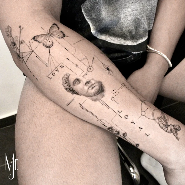 Fineline Butterfly, Face tattoo on Forearm