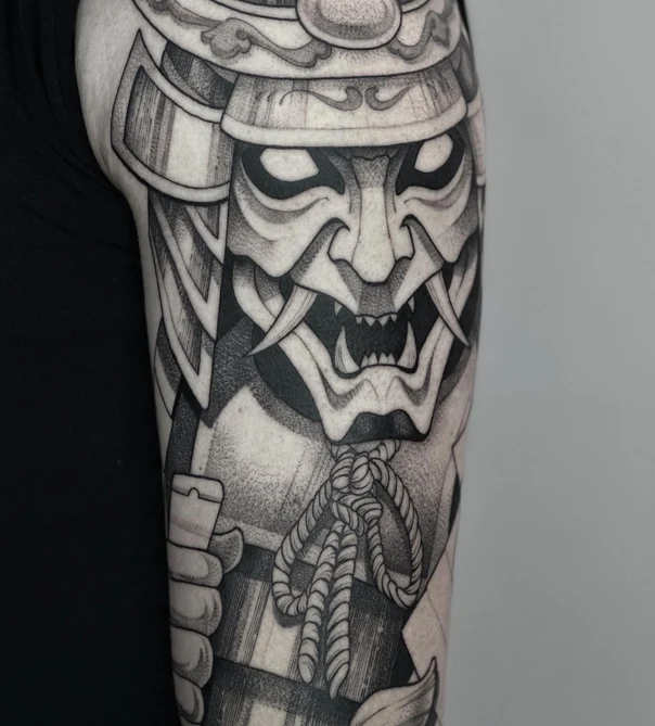 Japanese Samurai, Mask tattoo on Upper Arm