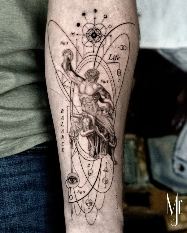 Black & Grey Figure, Geometric tattoo on Forearm