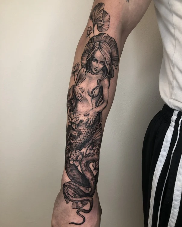 Black & Grey Mermaid, Snake tattoo on Forearm