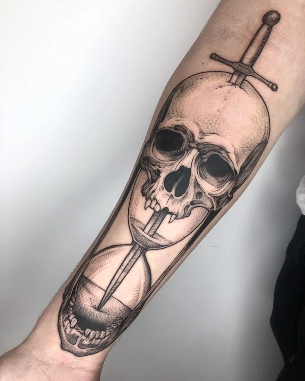 Black & Grey Skull, Hourglass tattoo on Forearm
