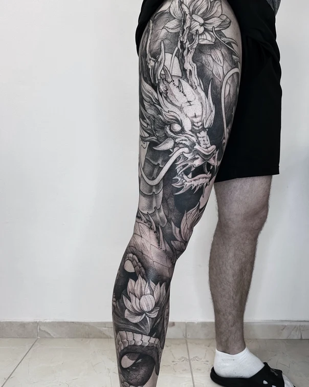Japanese Dragon, Lotus tattoo on Full leg