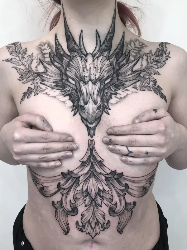 female black and grey blackwork татуировка на chest #75097 | Тату мастер Natalia Perrote
