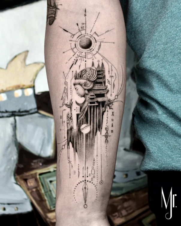 Geometric Woman, Pagoda tattoo on Forearm