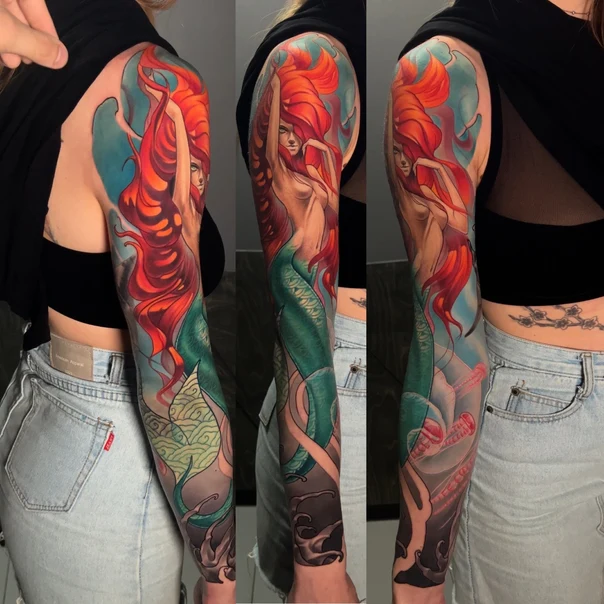 Иллюстративная Mermaid, Ocean tattoo на Полный рукав