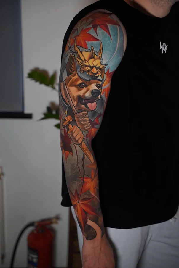 Японская Dog, Samurai tattoo на Полный рукав