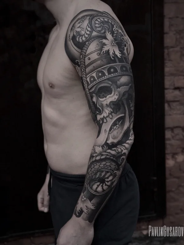 male blackandgrey neotraditional 纹身 在 sleeve #75203 | 纹身师 Pavlik Gusarov